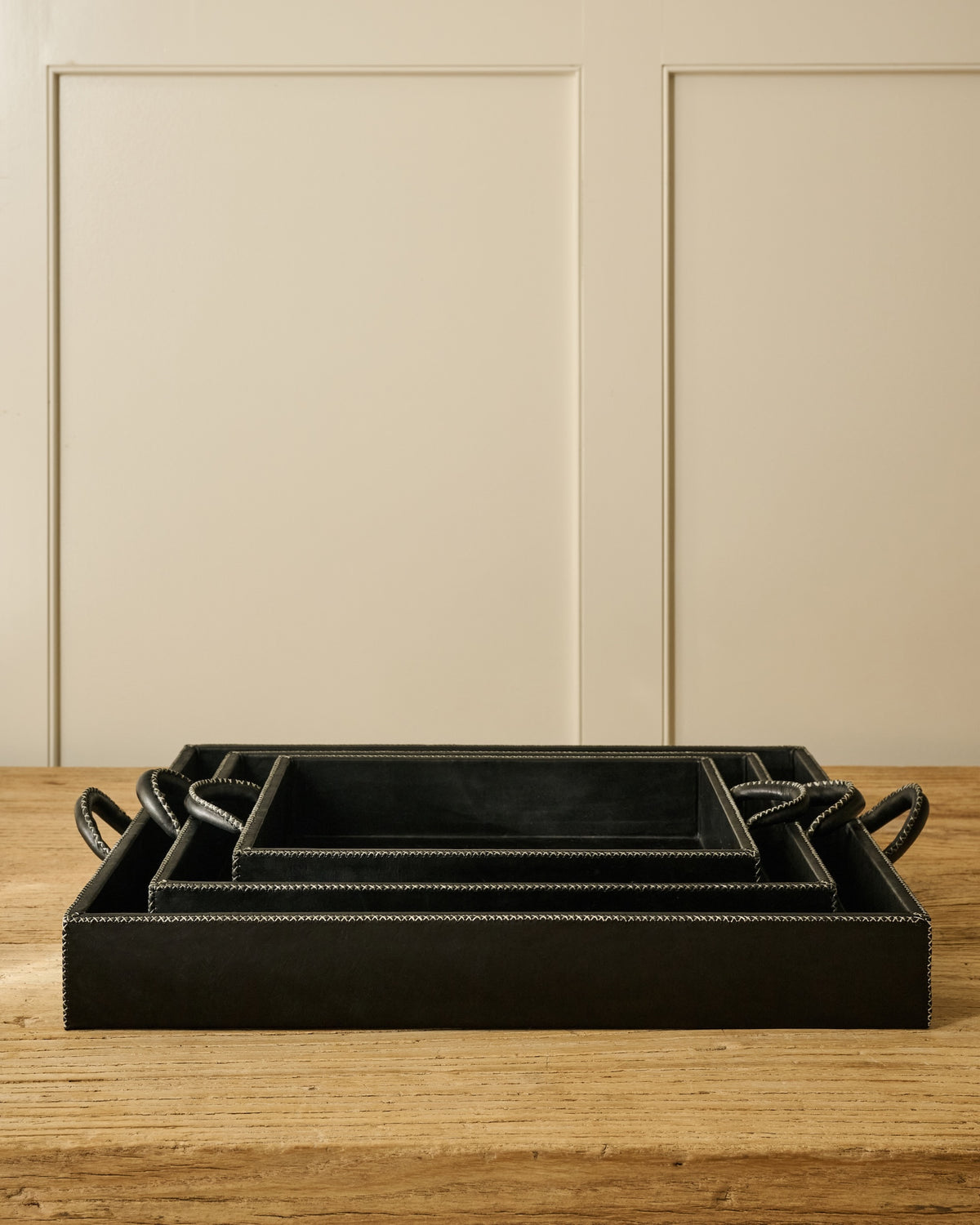 Leather Stitched Tray with Handles | Black