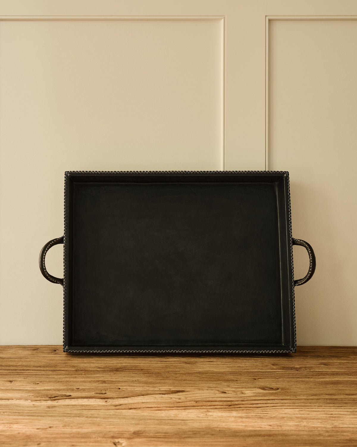 Leather Stitched Tray with Handles | Black
