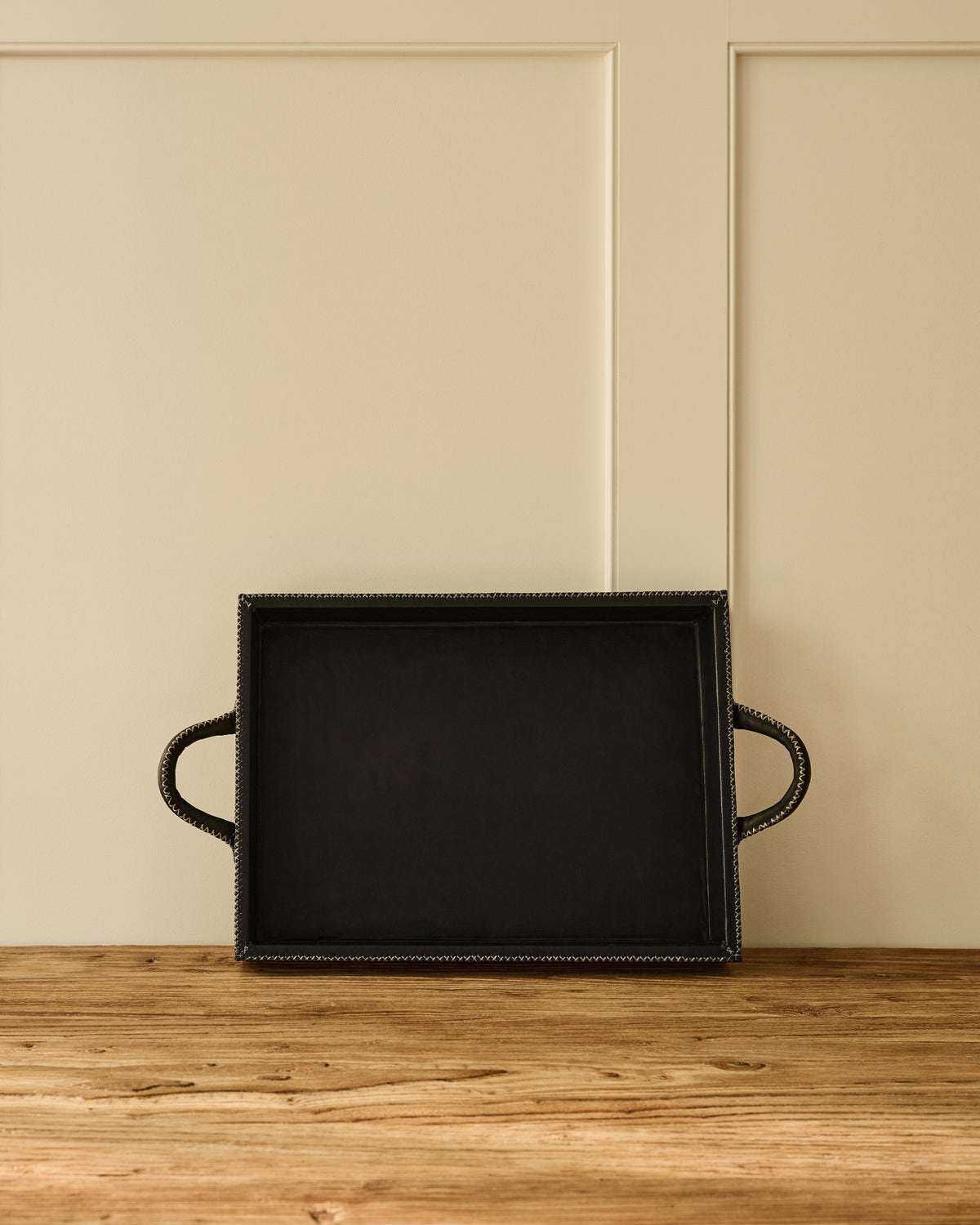 Leather Stitched Tray with Handles | Black