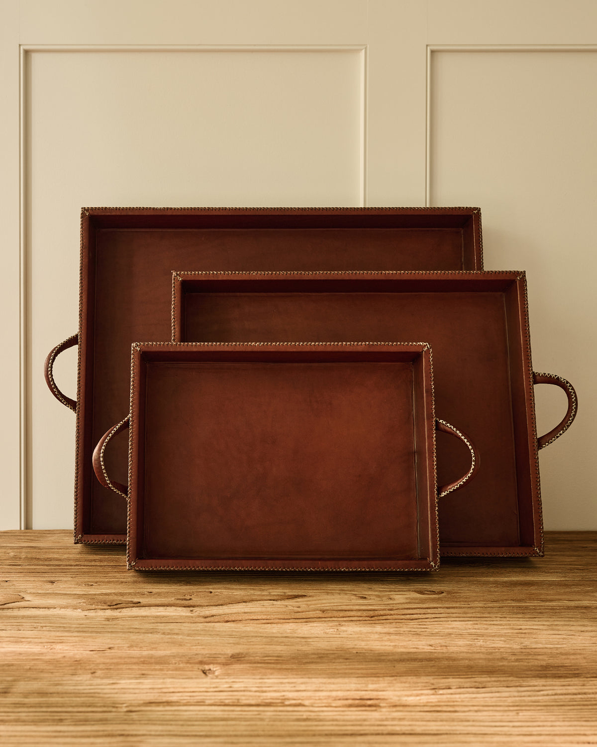 Leather Stitched Tray with Handles | Brown
