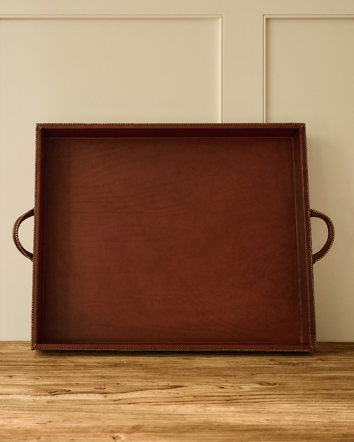 Leather Stitched Tray with Handles | Brown