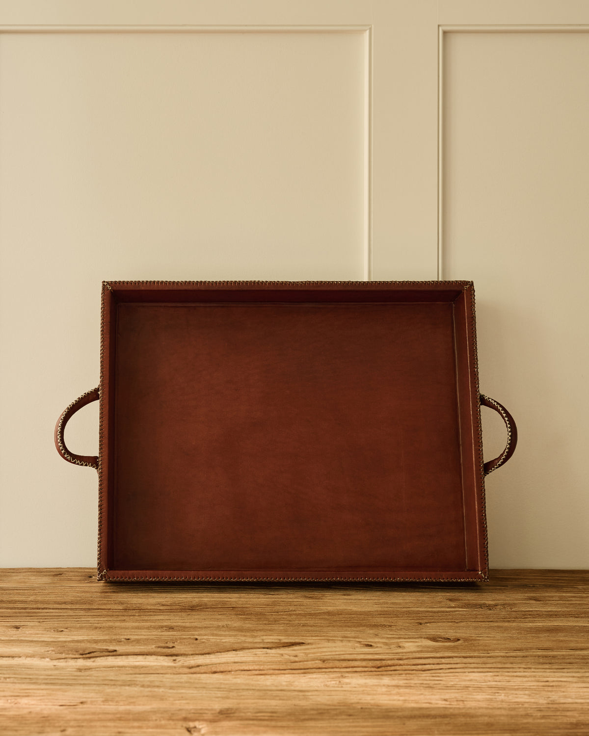 Leather Stitched Tray with Handles | Brown