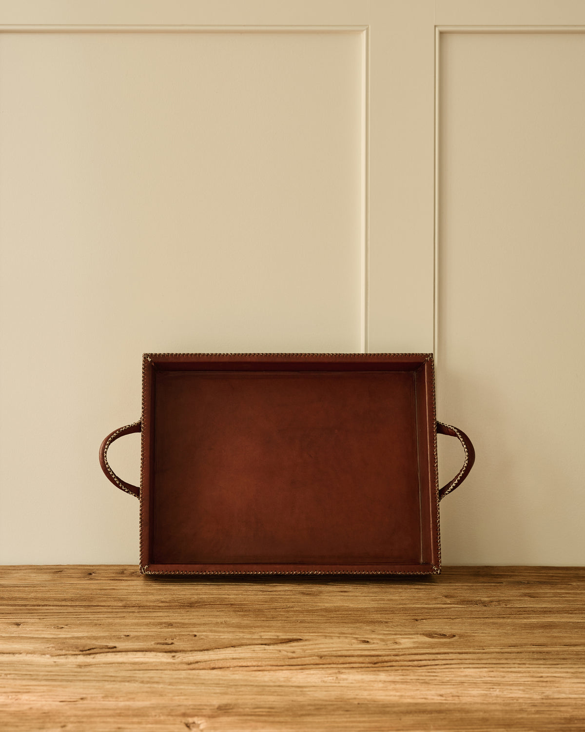 Leather Stitched Tray with Handles | Brown