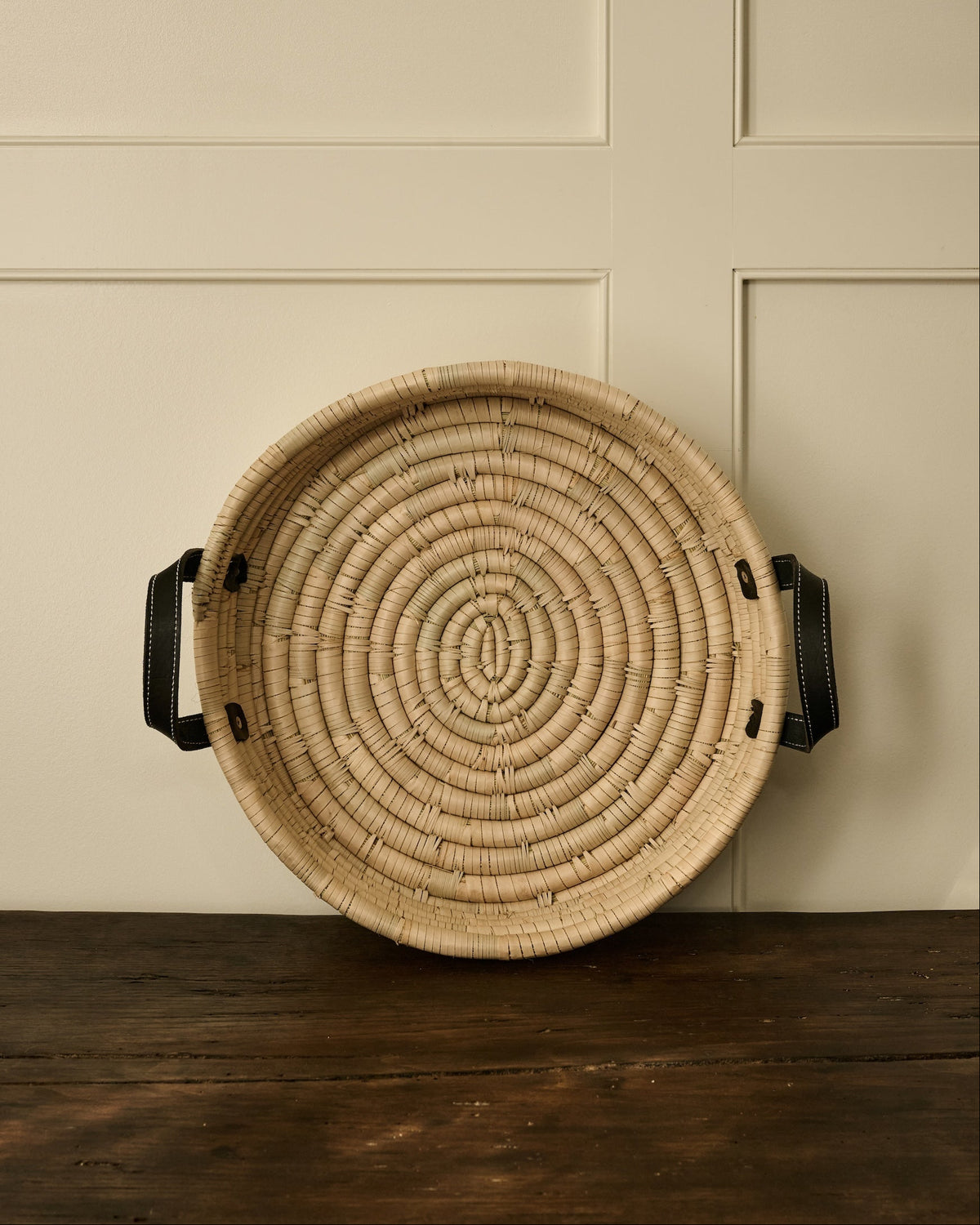 Natural Woven Tray with Leather Handle