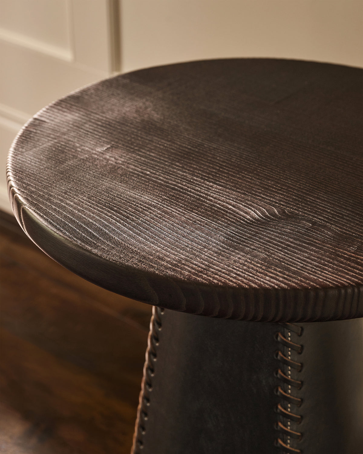 Taper Side Table | Black Leather and Scorched Ash Wood