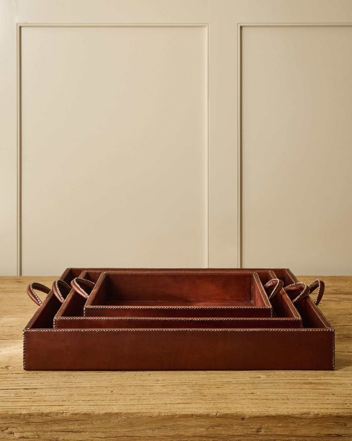 Leather Stitched Tray with Handles | Brown