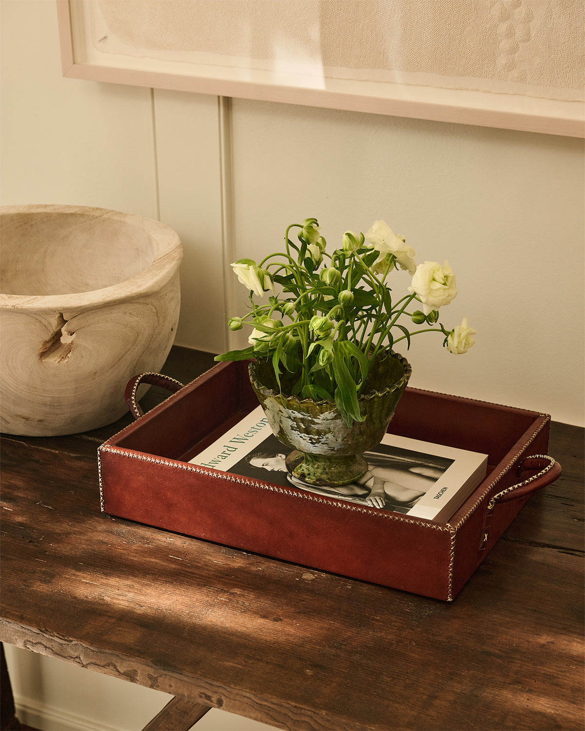 Leather Stitched Tray with Handles | Brown