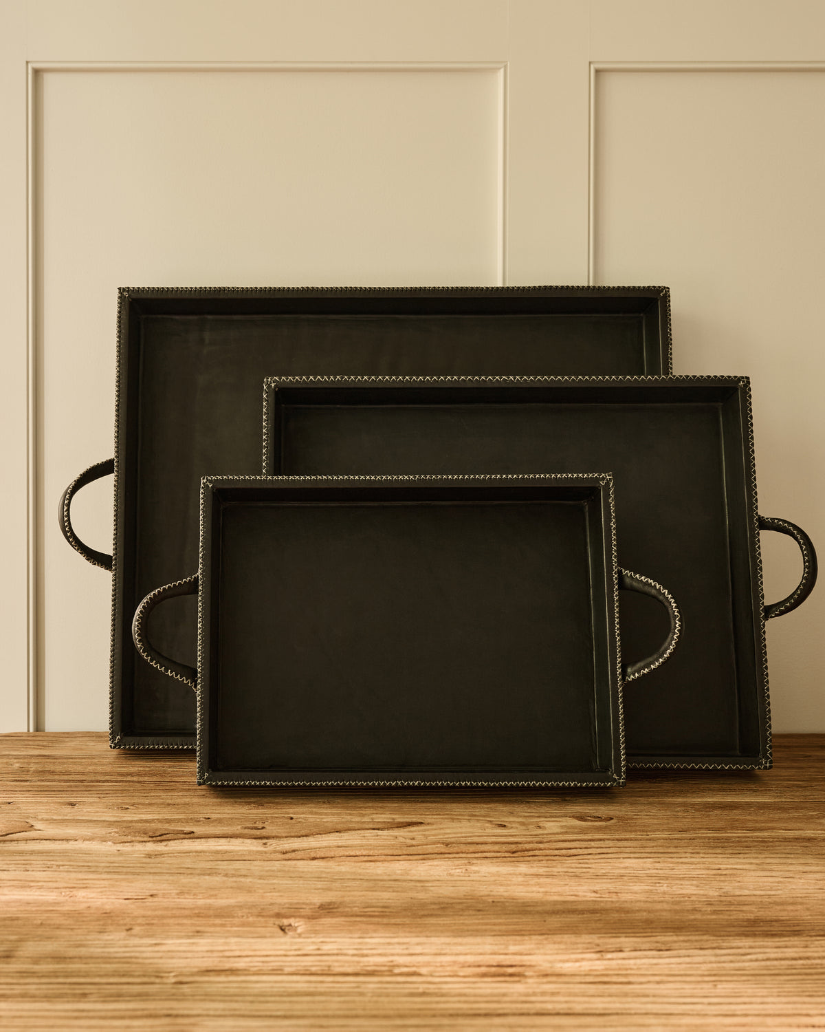 Leather Stitched Tray with Handles | Black