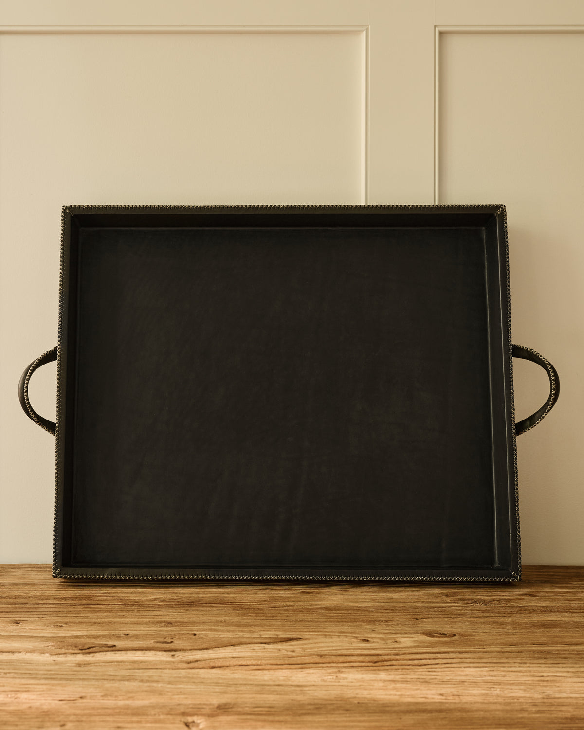 Leather Stitched Tray with Handles | Black