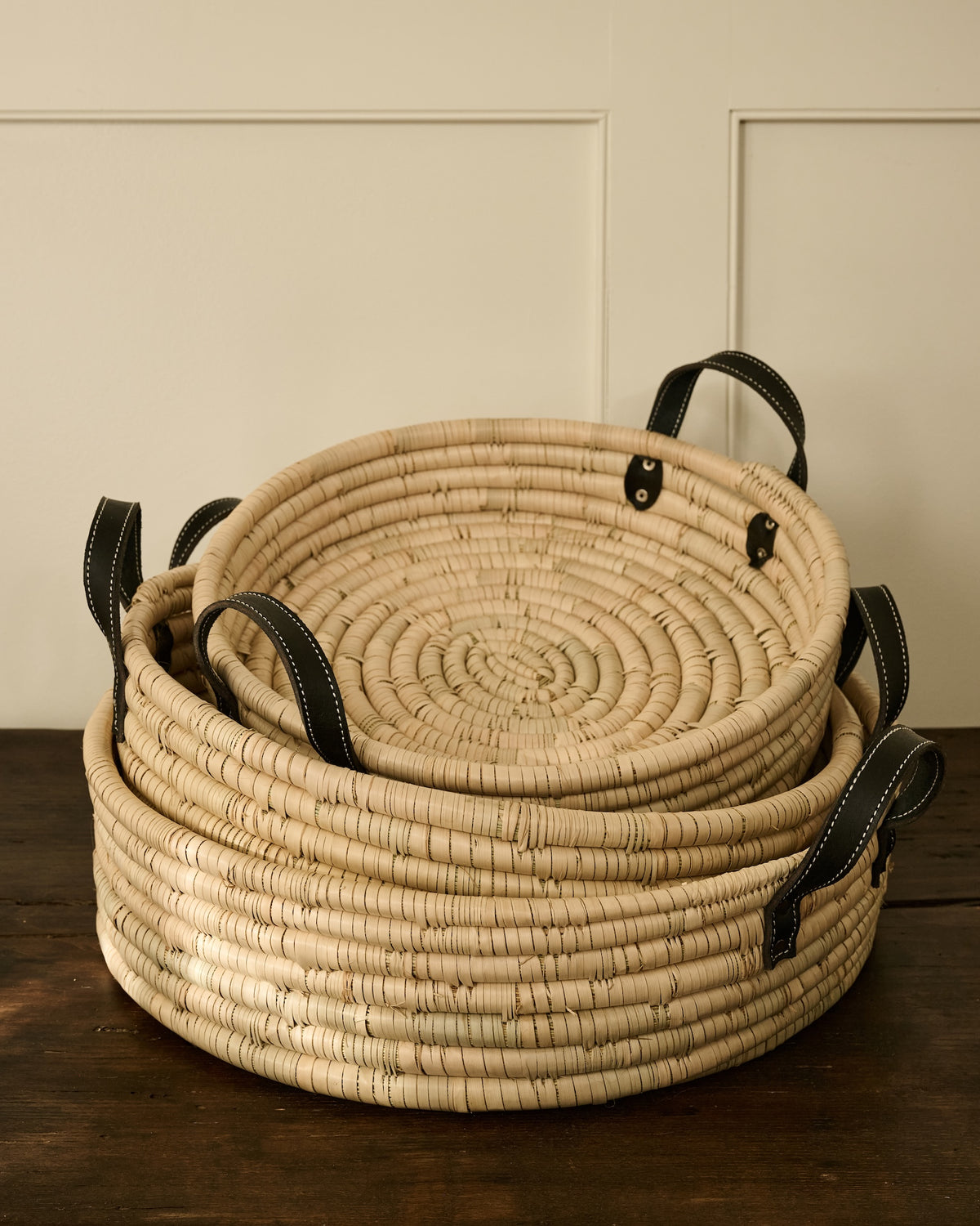 Natural Woven Tray with Leather Handle