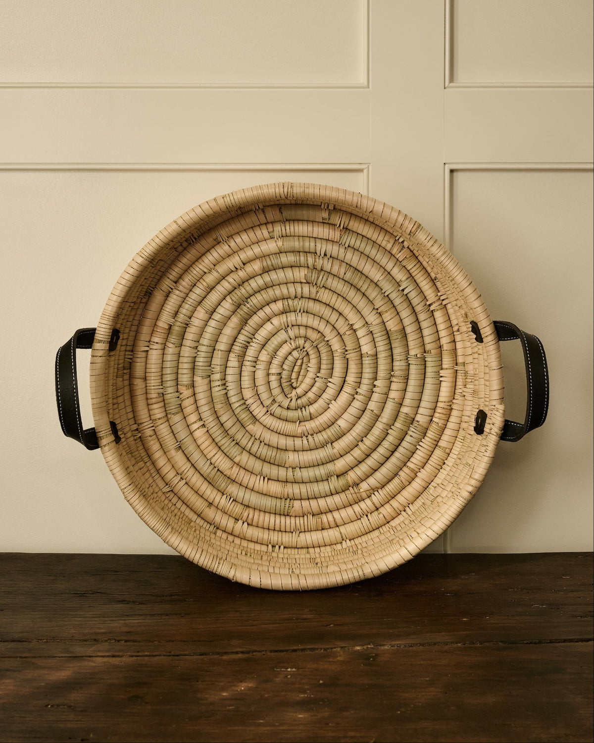 Natural Woven Tray with Leather Handle