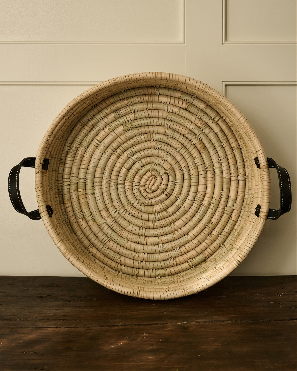 Natural Woven Tray with Leather Handle