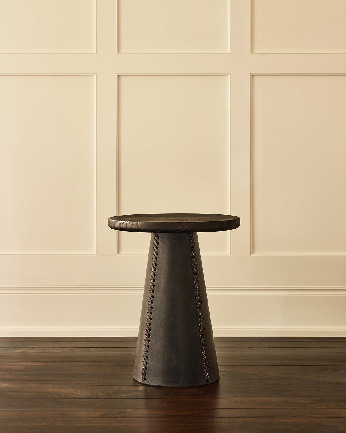 Taper Side Table | Black Leather and Scorched Ash Wood
