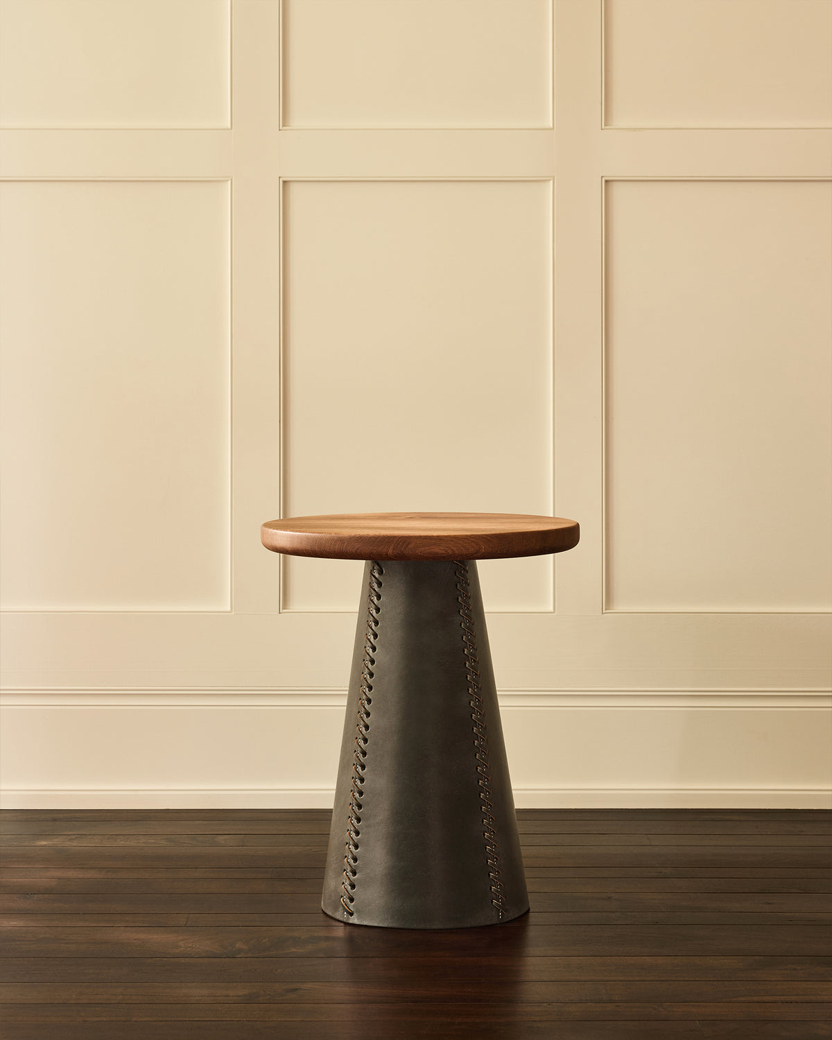 Taper Side Table | Green Leather and Fumed Oak Wood
