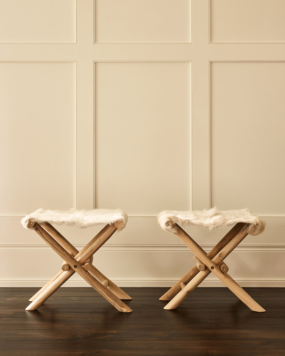 White Hair on Hide Folding Stool