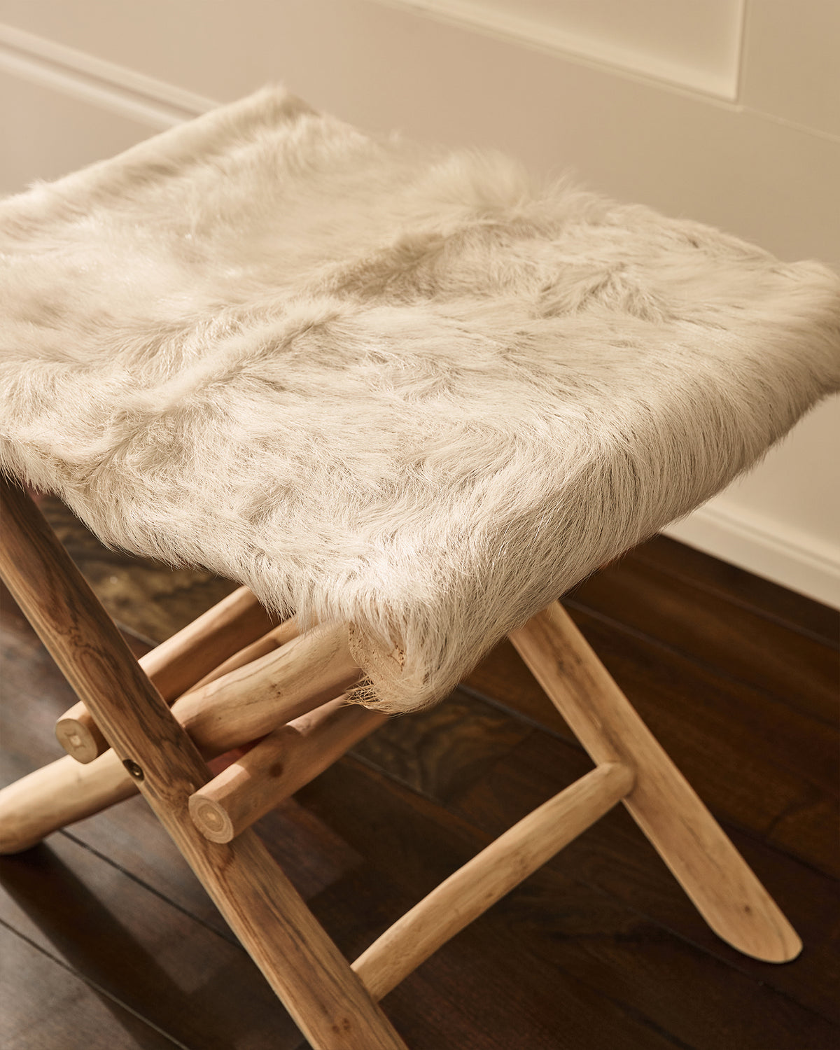 White Hair on Hide Folding Stool